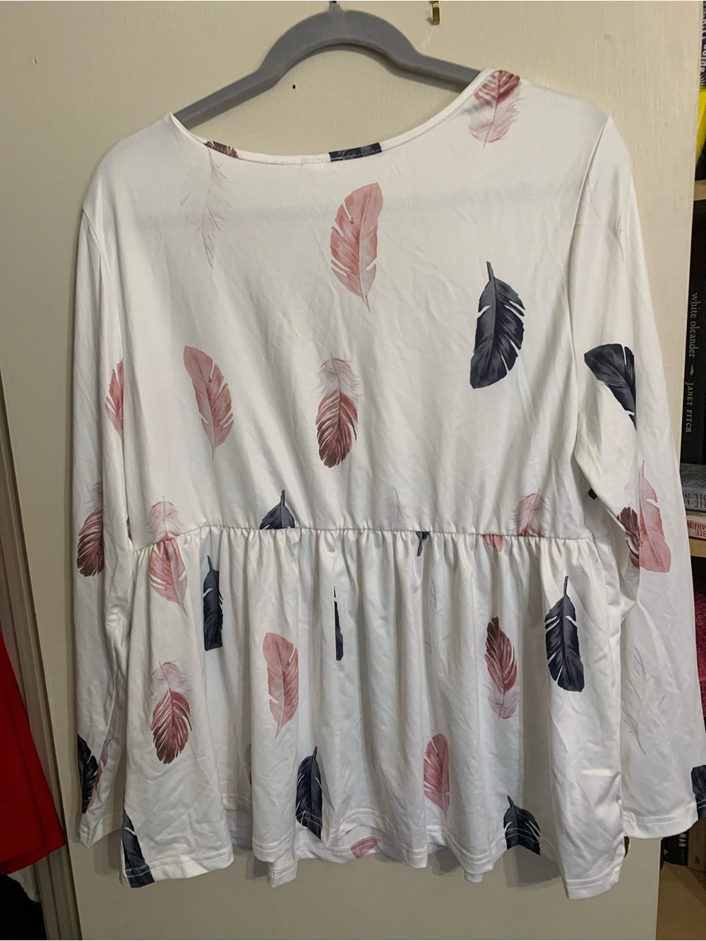 Women's White Scoop Neck Peplum Tunic with Pink & Navy Feather Print - Picture 4 of 4